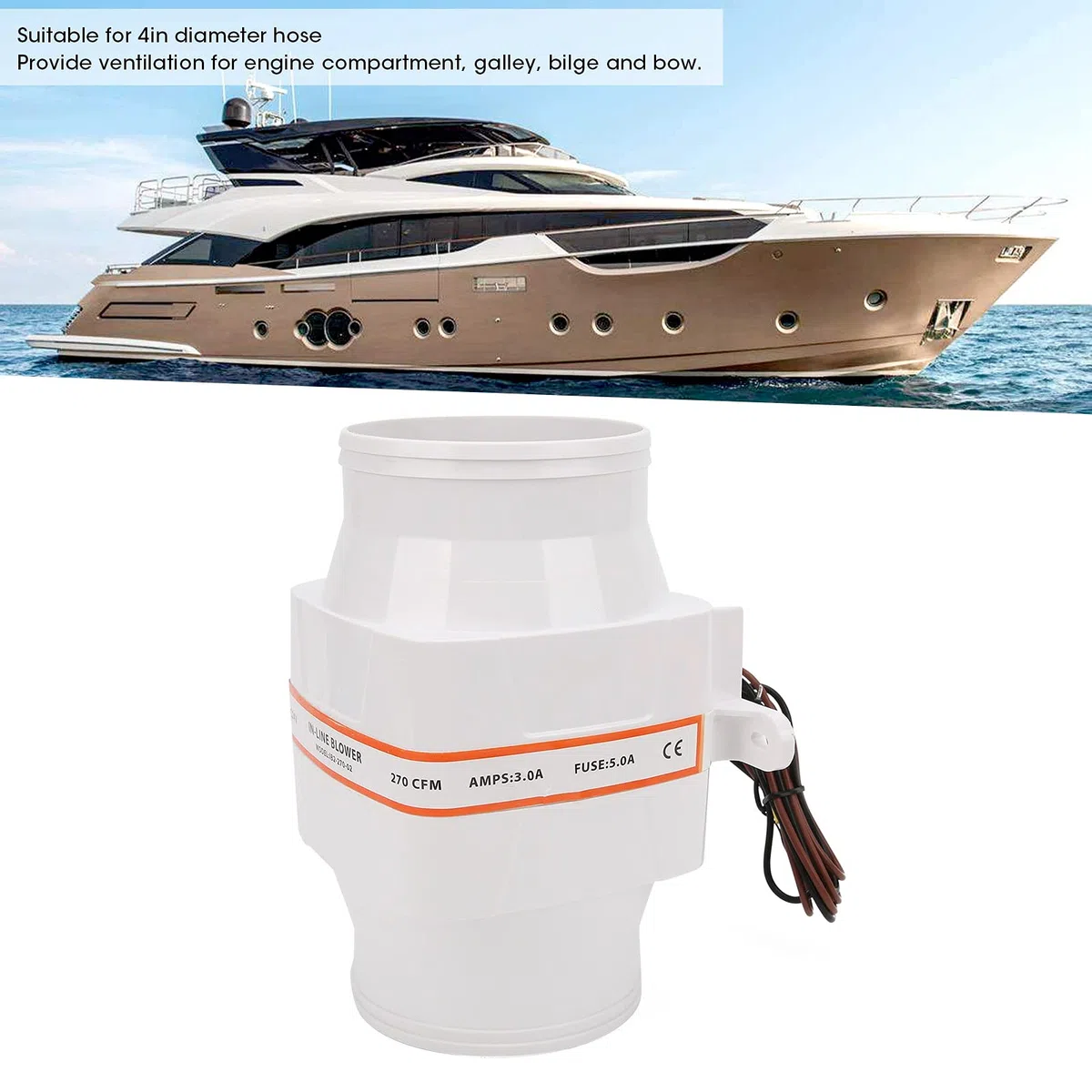 Soplador de Aire de Sentina, Soplador de Aire de Barco de 24 V, Ventilador de 6 Aspas, Blanco, 4 Pulgadas, 270 CFM para para Sentina para Compartimento de Motor para Cocina