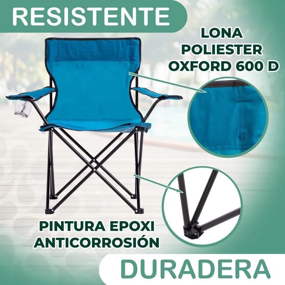 LOLAhome Silla Playa Camping Pesca y Caza Plegable Cierre Tijera Estructura Acero con Pintura Epoxi anticorrosión y Lona poliéster Oxford 600 D Azul, portavasos y Bolsa de Transporte
