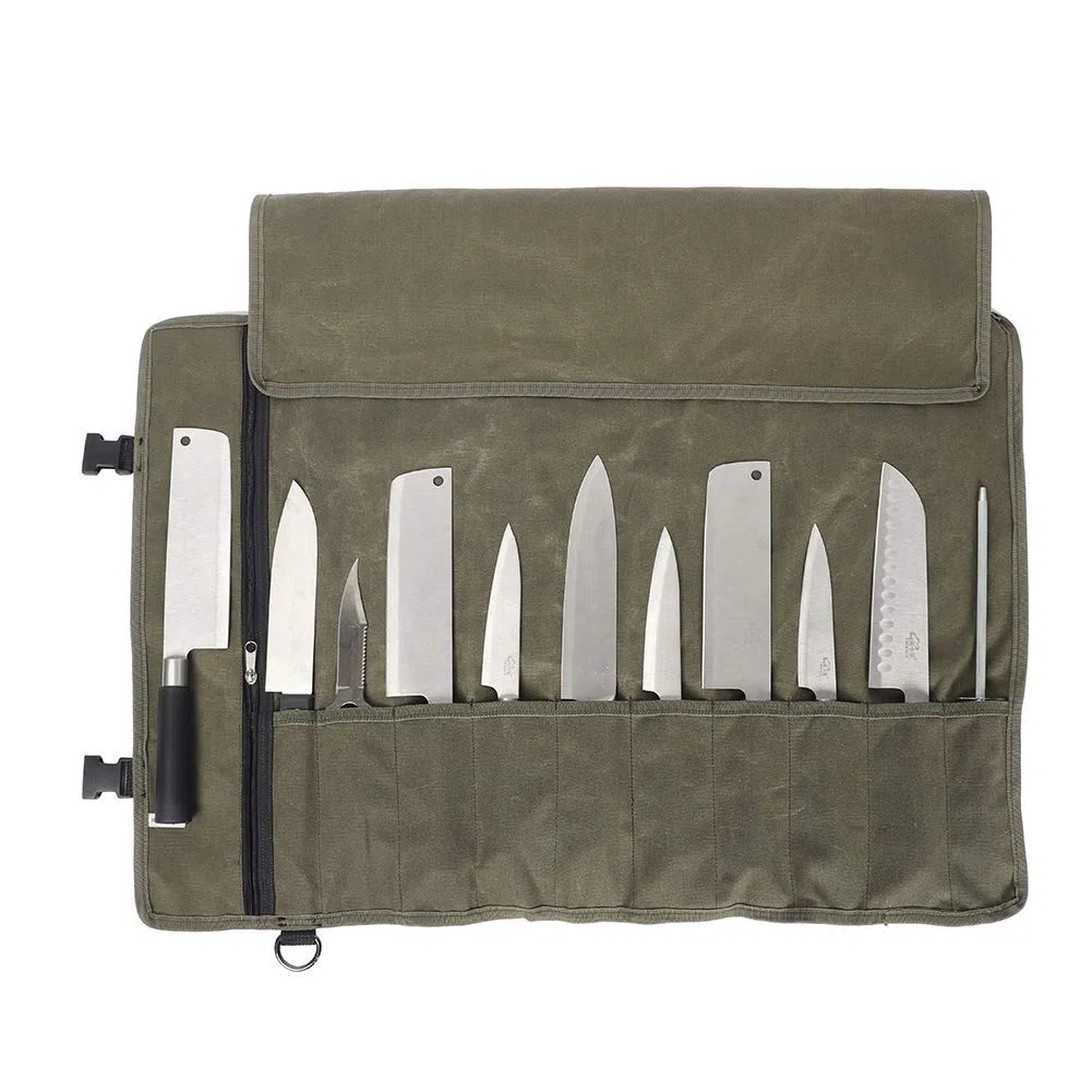 Bolsa para cuchillos, bolsa de lona encerada resistente para cuchillos, resistente al agua, funda para cuchillos para camping, senderismo,color caqui, tamaño 66*50CM