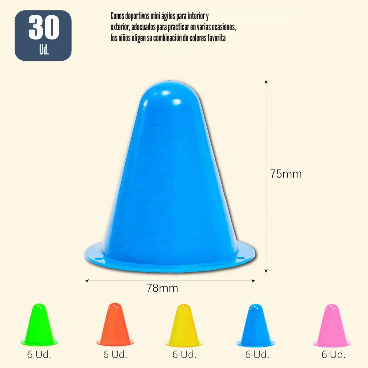 XianzhanEU 30 conos de señalización de 7,5 cm, conos de obstáculo para niños, fútbol, deportes, equitación, entrenamiento de perros (amarillo/rojo/verde/azul/rosa)
