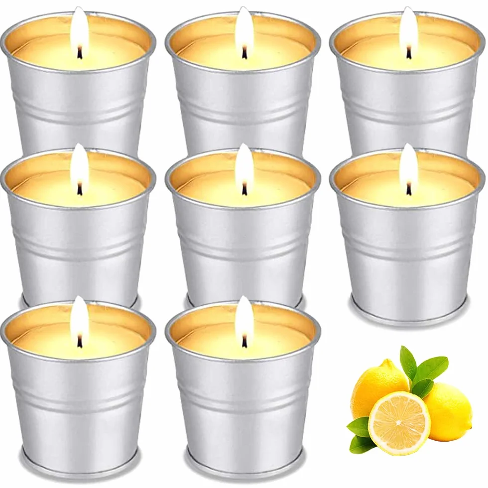 Velas de citronela para exteriores, 140 horas de combustión, 8 unidades, para exteriores, citronela, cera de soja, juego de velas de té de limón, velas perfumadas para interior y exterior, para