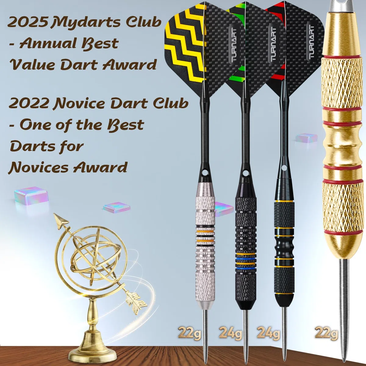 Turnart Juego de dardos de punta de metal – Juego de dardos de punta de acero, dardos de metal profesionales, 12 piezas de 22/24 gramos, juego de dardos profesionales con elegante estuche de aluminio,