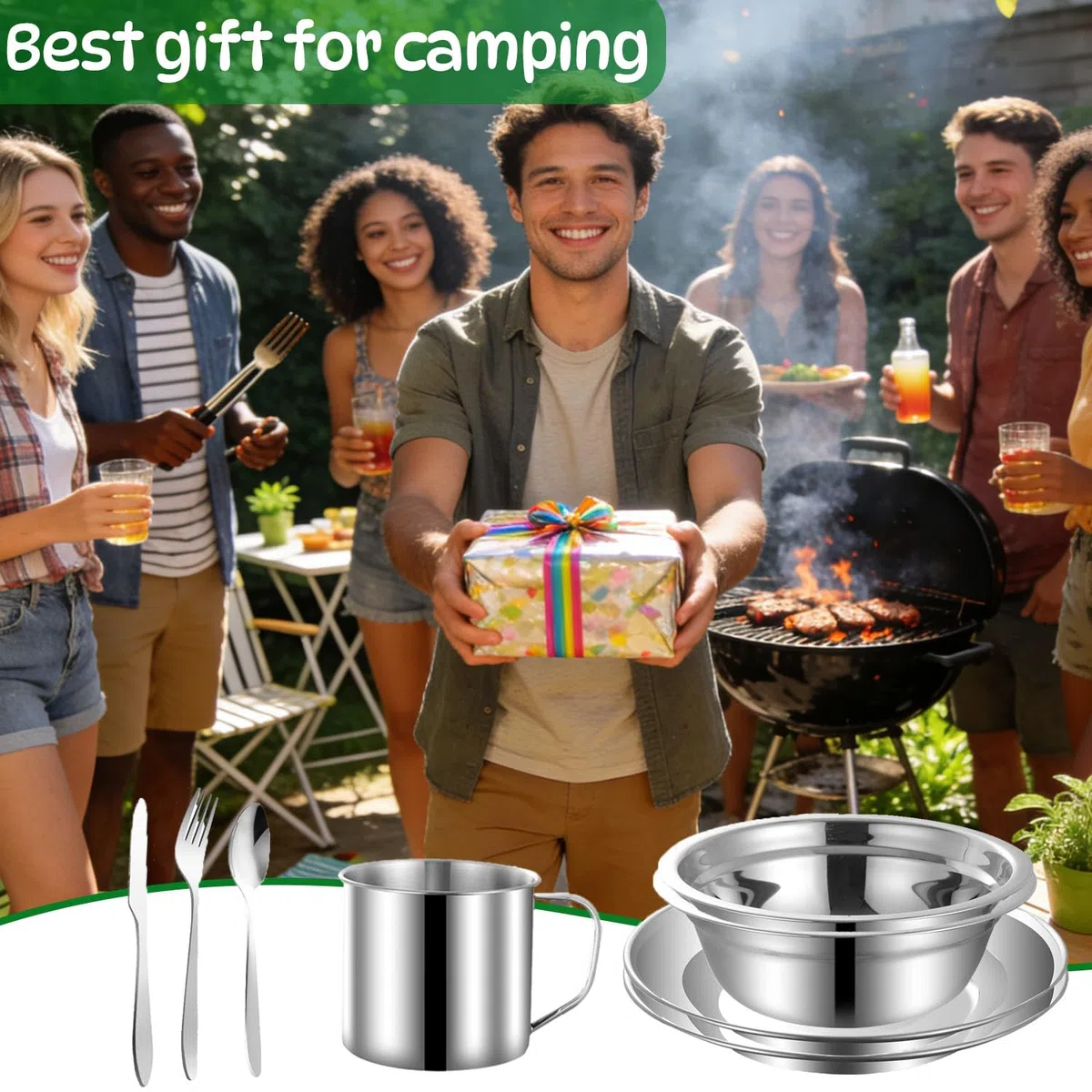 Vajilla Camping,Vajilla de Acero Inoxidable,con Placa Tazon Tenedor Cuchara Cuchillo y Bolsa de Red,para Autocaravana,pícnic,Viajes,Aire Libre