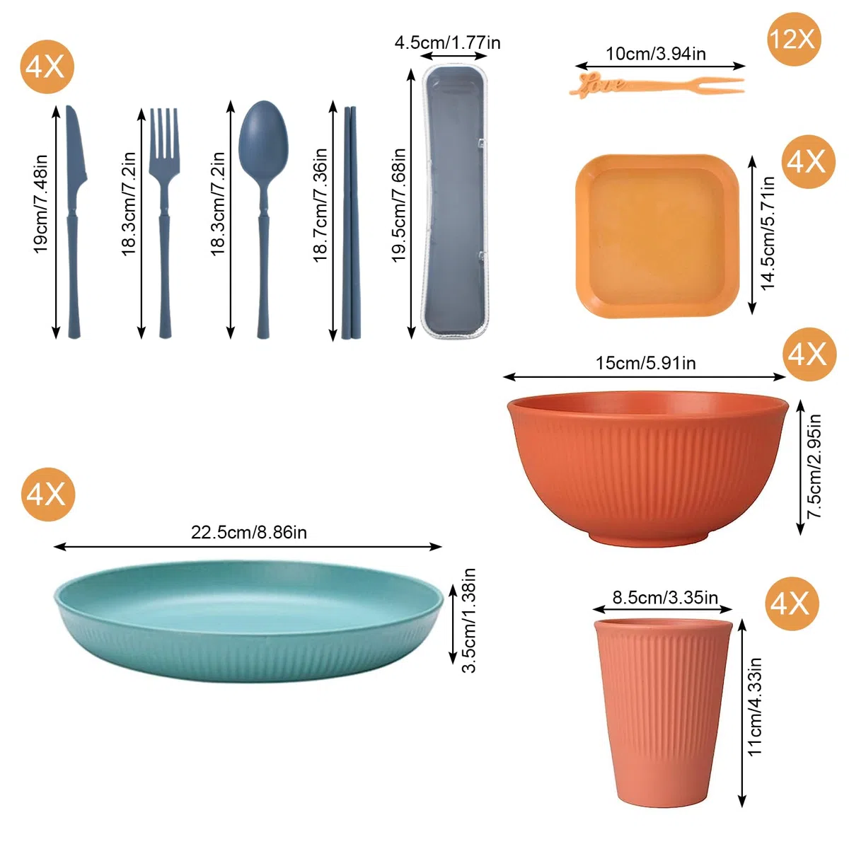 48 Pcs Juego de Vajilla, Reutilizable Vajilla De Plástico para 4 Personas, con Platos Cuencos Tazas Tenedores Cucharas, para Picnic Senderismo Trekking, Apto Para Microondas Y Lavavajillas