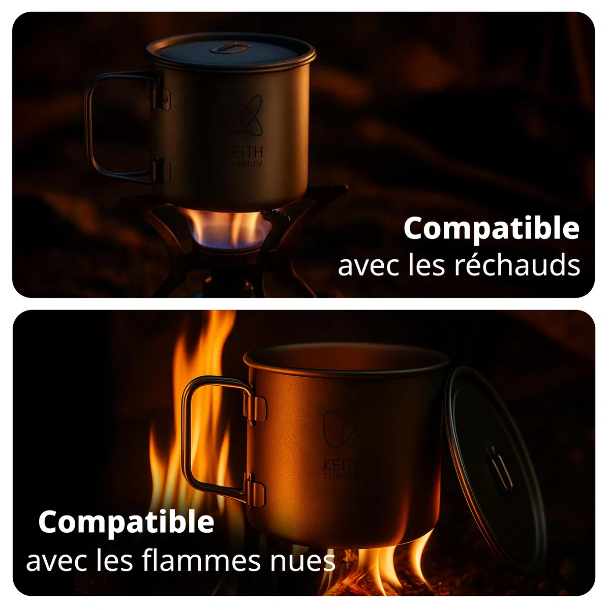 Keith Titanium Taza de Titanio de 450 ml de Una Sola Capa, Ti3204, Taza de Café Portátil con Tapa y Asa Plegable, Vajilla Portátil para Té y Café, Ideal para Camping, Picnic, Mochilero y Senderismo