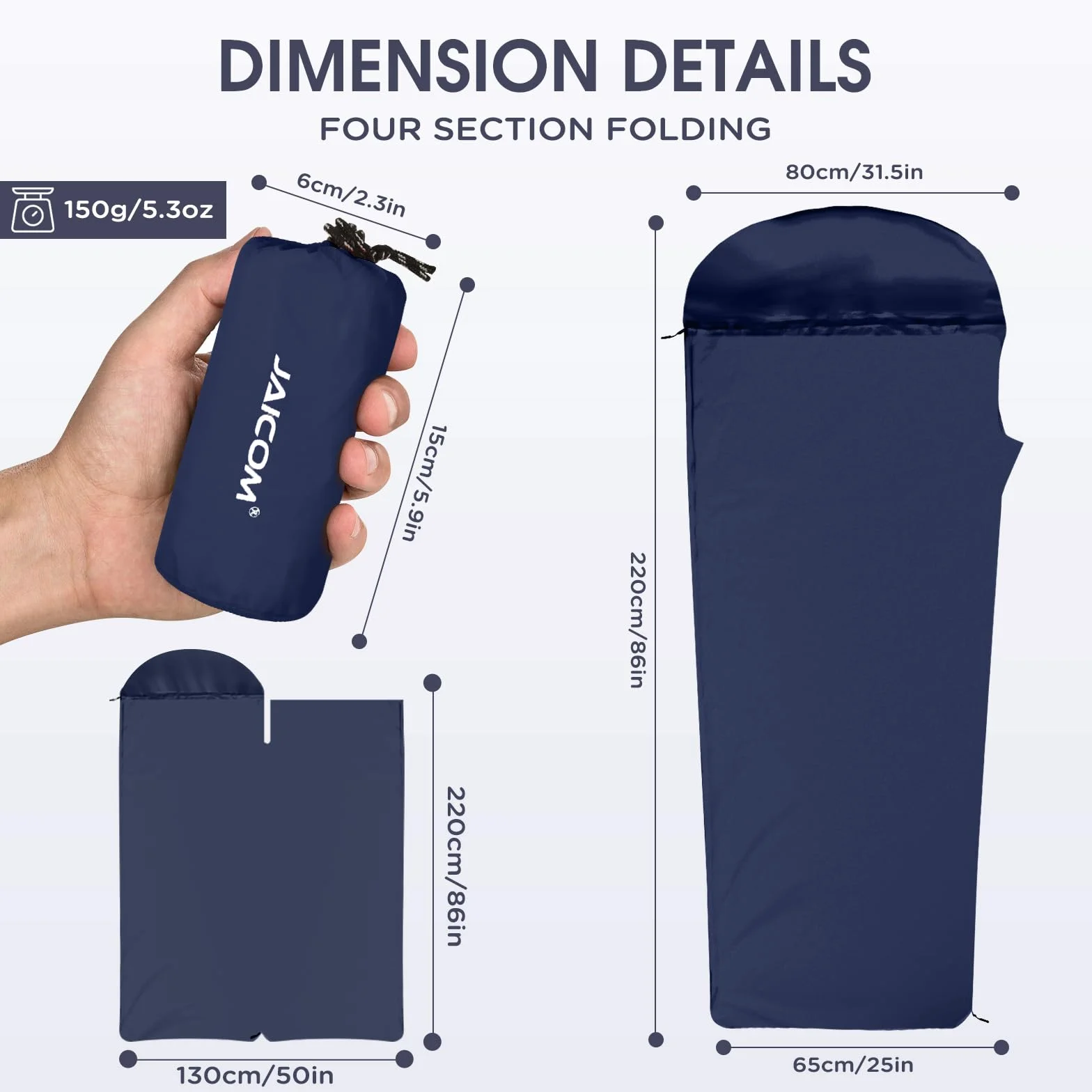 JAICOM Sábana Saco de Dormir Ultraligero, 150 g Saco Sabana, Material de Nylon, Suave y Cómodo, con Cremallera, Camping, Mochileros, Uso Hotelero