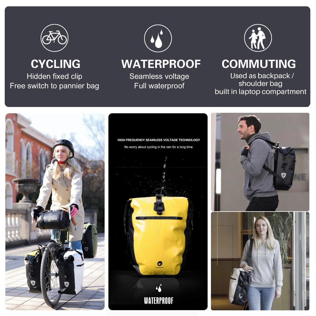 BAIGIO Bolso de Bicicleta Trinity para Panier Rack,27-30l, Bolso Impermeable Panier Rack, Bolso de Bicicleta, Bolsillo Frontal/Trasero, Mochila Multifuncional, Bolso de Equipaje, Bolso de Viaje