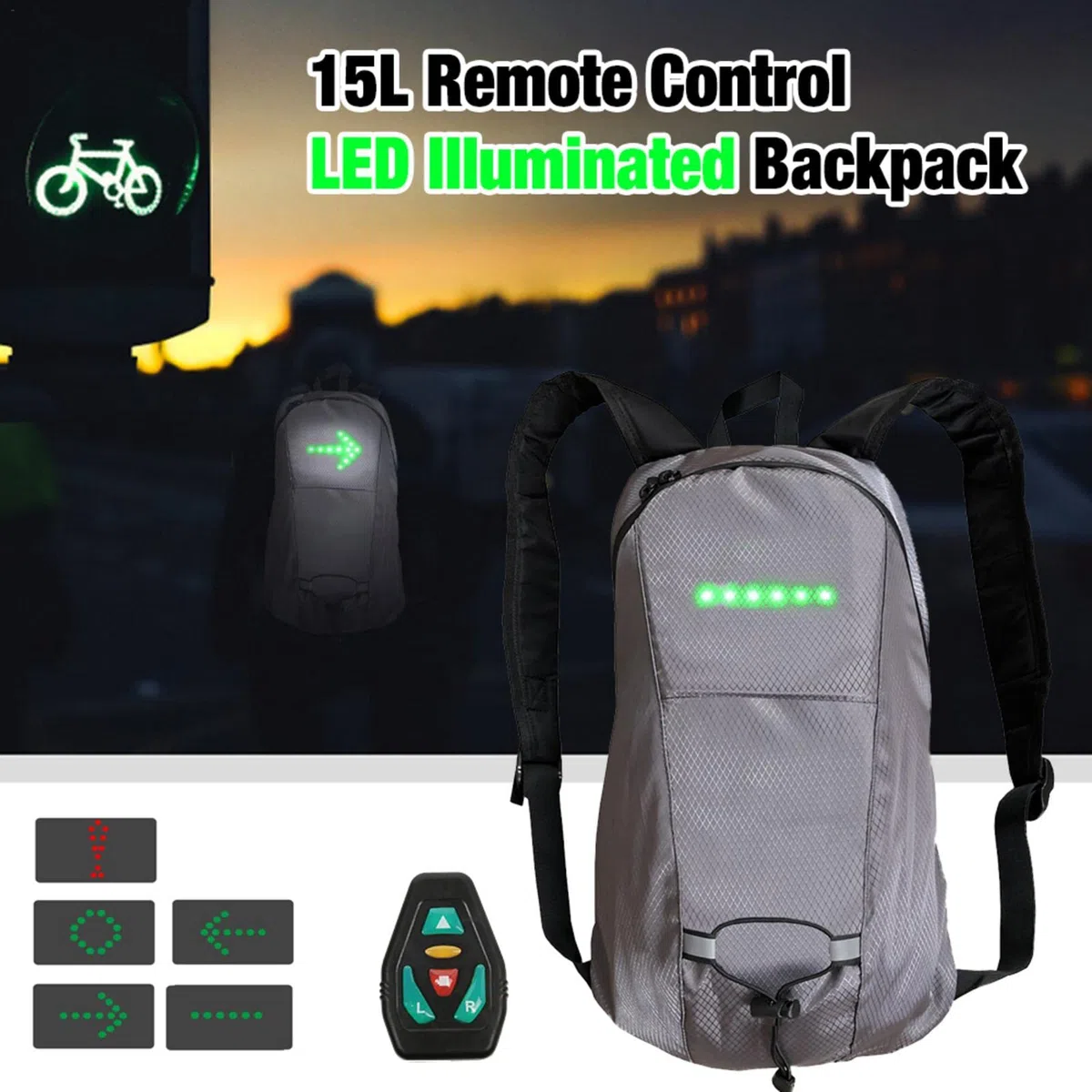 Mochila reflectante LED bicicleta 15 l intermitente 500 mAh USB recargable seguridad correr