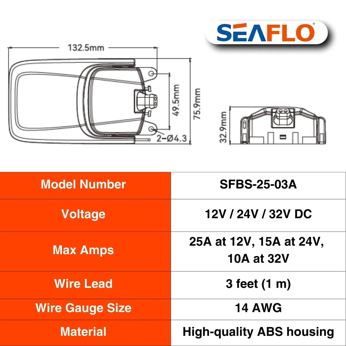 Seaflo SFBS-30-01 BOAT BILGE PUMP SWITCH (12V, 24V, 32V) by Seaflo
