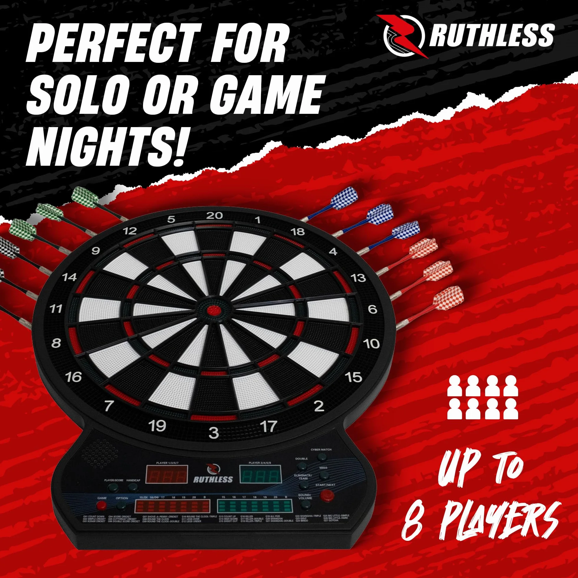 RUTHLESS | Tablero de dardos electrónico R600 de Ruthless | Punta suave | 4 juegos de dardos | 8 jugadores | 27 juegos.