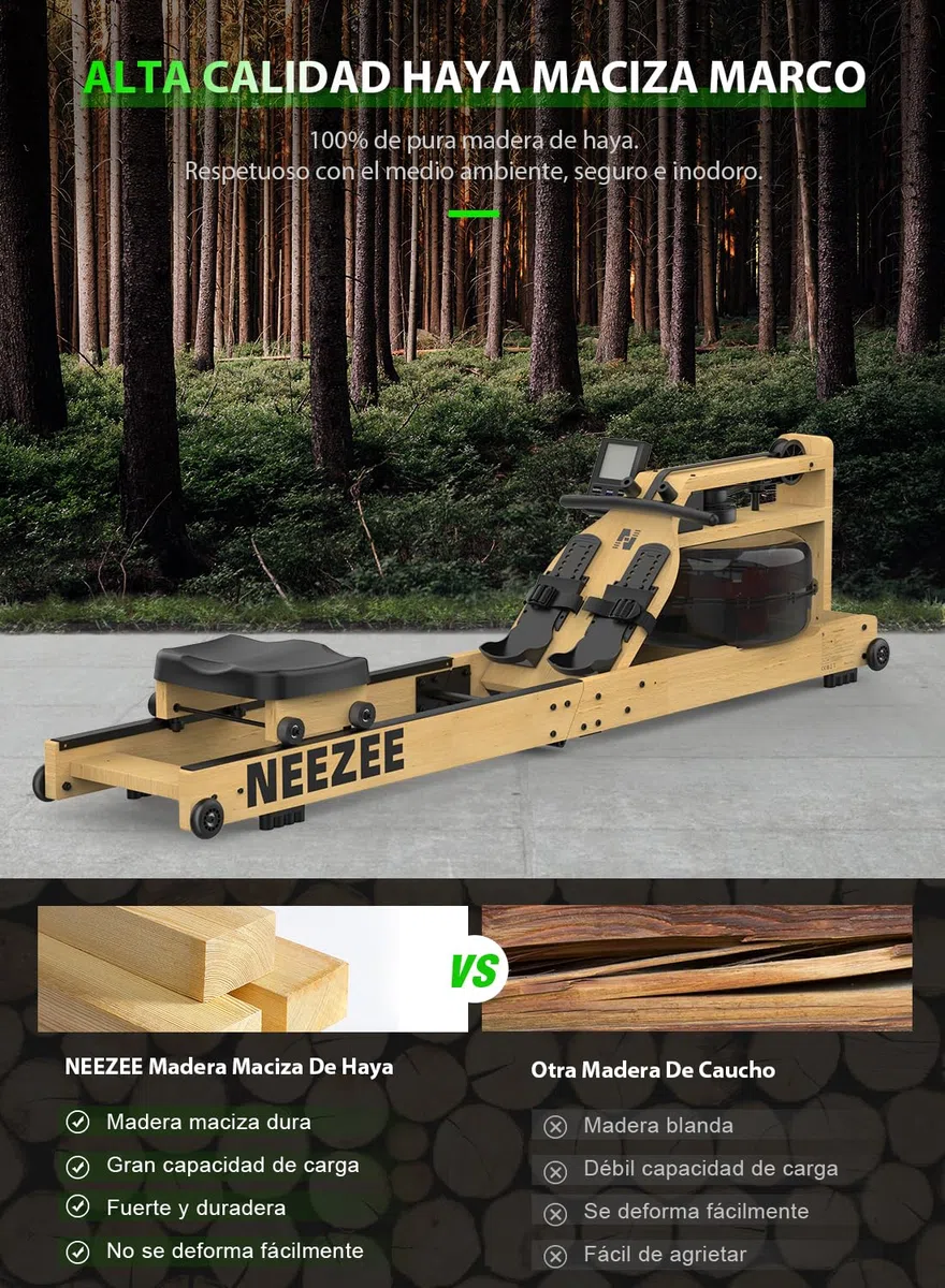 Neezee Wasser Rudergerät für Zuhause, Klappbar Rudergerät aus Massivholz, Rudermaschine mit Bluetooth Anzeige und Tablet-Halterung, MAX 200kg Belastbar, Kompatibel mit Kinomap App