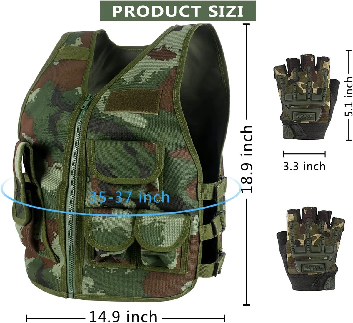 Chaleco táctico para niños al aire libre, chaleco de combate para niños, chaleco transpirable ajustable con guantes cortos de medio dedo para niños