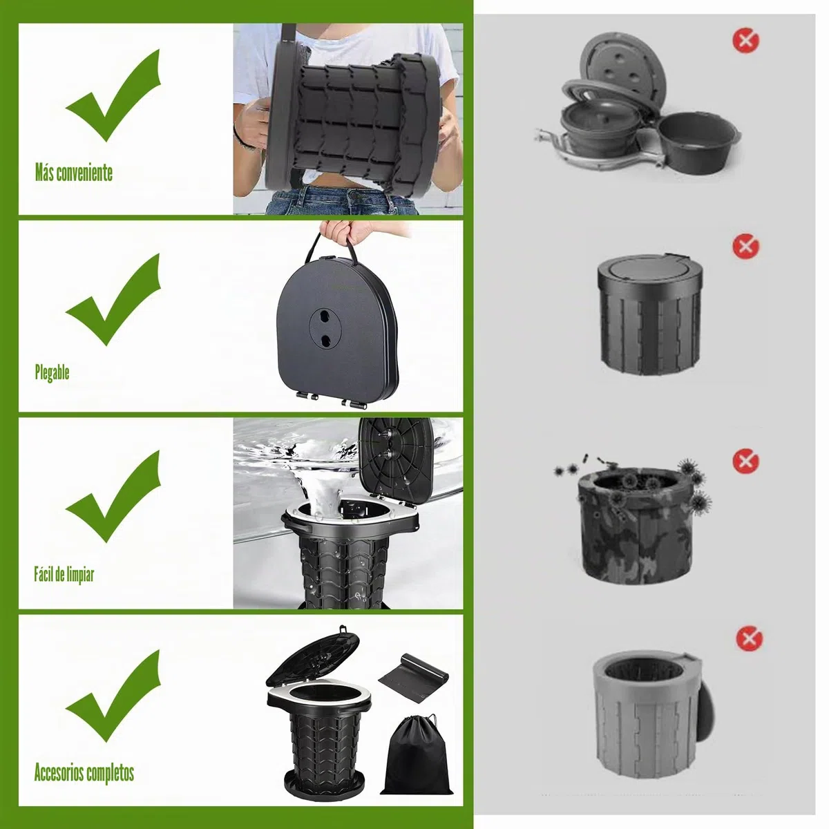 WC Portatil, 220kg Inodoro Plegable Camper, Baño Portatil Camper con 10 Bolsas de Inodoro Biodegradables, Vater para Senderismo, Acampar, Viajar, Pesca