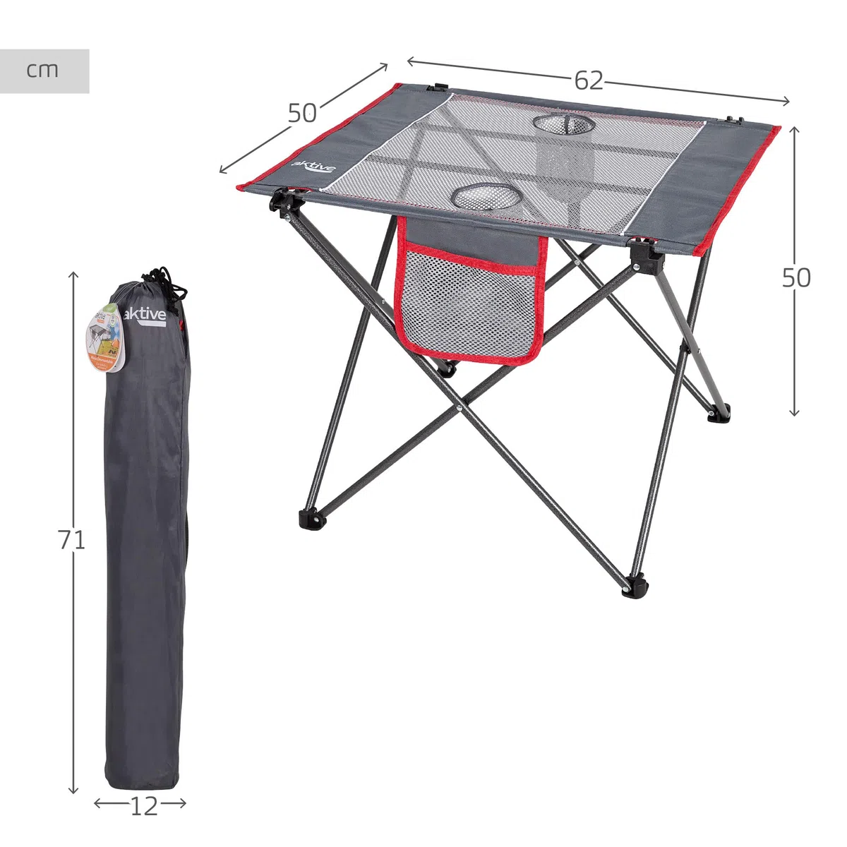 AKTIVE Mesa plegable para camping de poliéster, Medidas 62x50x50cm, ultraligera, cómoda y fácil de transportar, Compacta, mesas para camping, Mesa plegable portátil, Mesa picnic (63026)