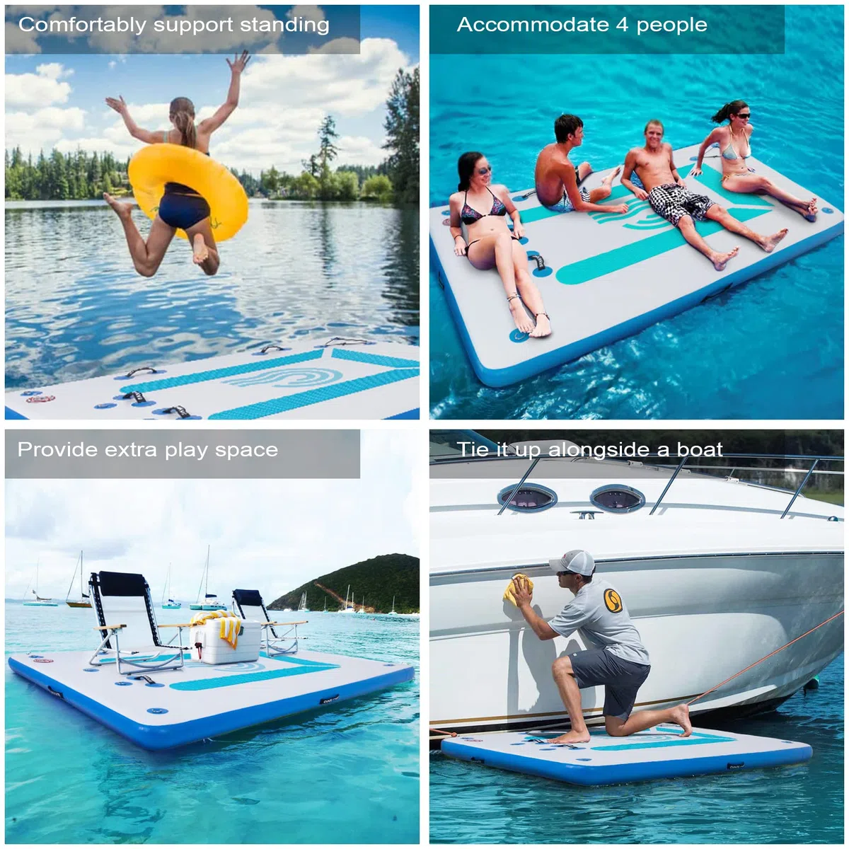 COOLWAVE Plataforma inflable flotante para lagos, plataforma de baño grande de 8 x 6 pies, inflable con almohadilla antideslizante, isla de baño inflable con bomba de aire eléctrica para 4-5 personas