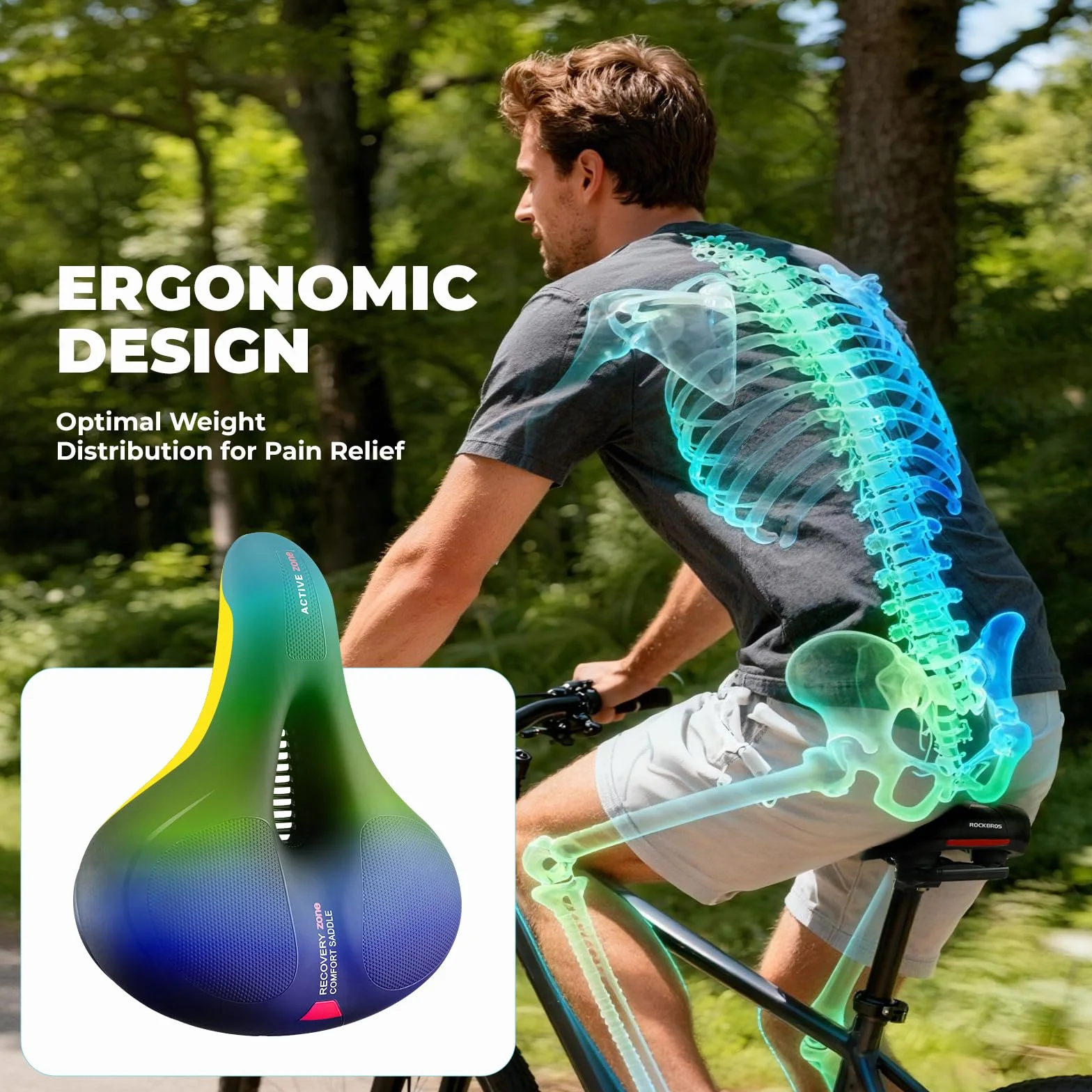 ROCKBROS Sillín Bicicleta Cómodo, Asiento para Hombre Mujer Antiprostático Transpirable Cojín Ergonómico para Bicicleta de Montaña, Carretera, Urbana, 26 x 22 cm