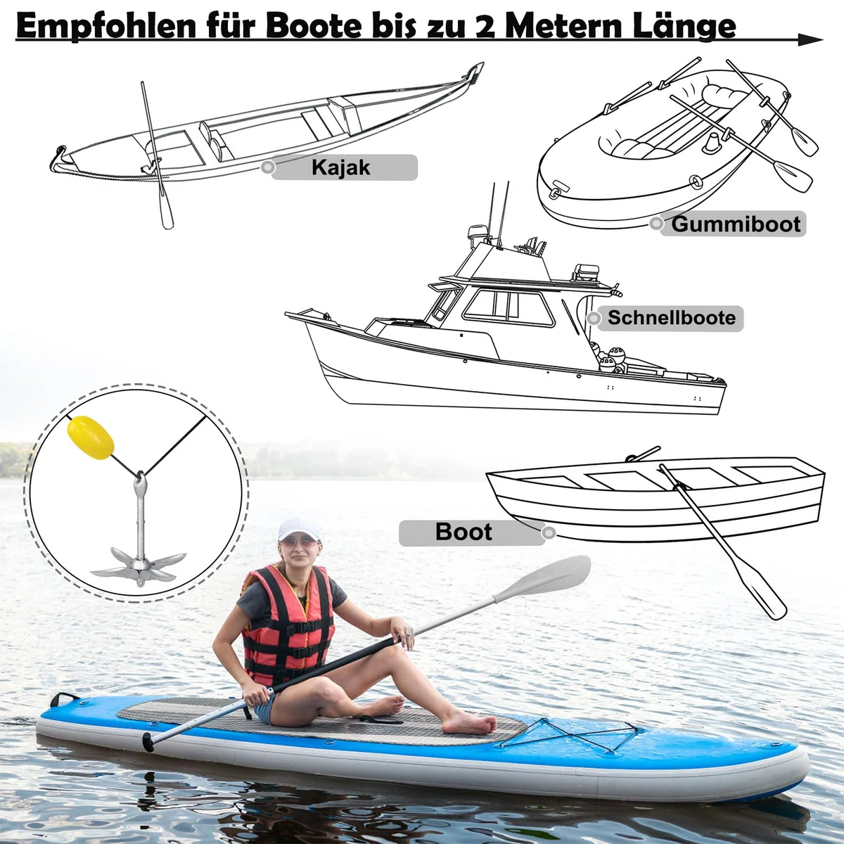 YUENFONG Ancla Plegable, Ancla Plegable con Cuerda de Ancla de 10 m, Juego de Ancla de Hierro galvanizado, Ancla de Cuatro Ganchos, incluida Bolsa Impermeable, para Kayaks, canoas
