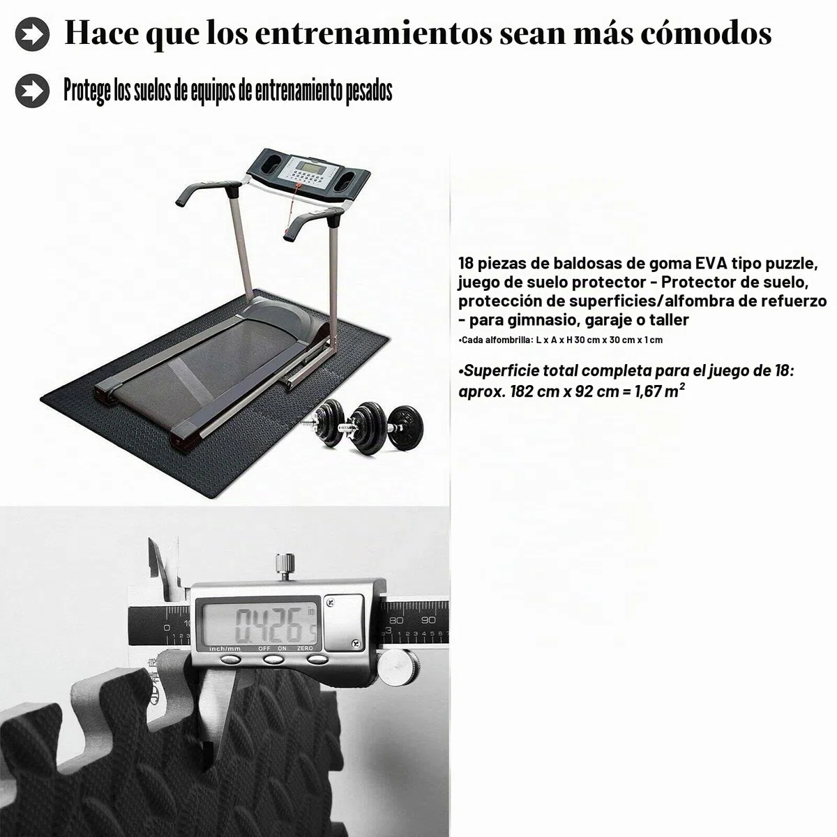 Esterilla Puzzle para Suelos de Gimnasio y Fitness | Set de Protección de Goma Espuma, Alfombrilla Protectora Expandible de 18 Losas + Bordes | Colchonetas para Máquinas de Deporte, Fácil de Limpia