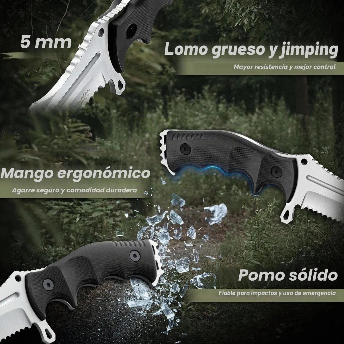 Freelander Cuchillos de Supervivencia Hoja Fija Acero D2 con Funda Kydex, Full Tang Cuchillos de Monte y Supervivencia, Negro