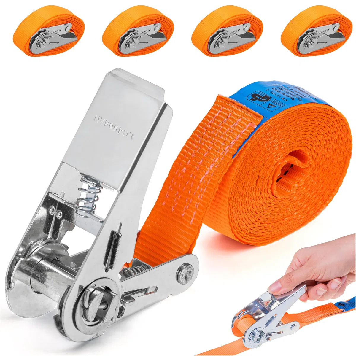 INTAKO Cinchas de Amarre 4 m o 6 m x 800 kg x 25 mm - 4 Piezas - Eslingas con Carraca - Correas de Sujeción con Trinquete - Verde (Ergolash) o Naranja (Naranja, 4m)