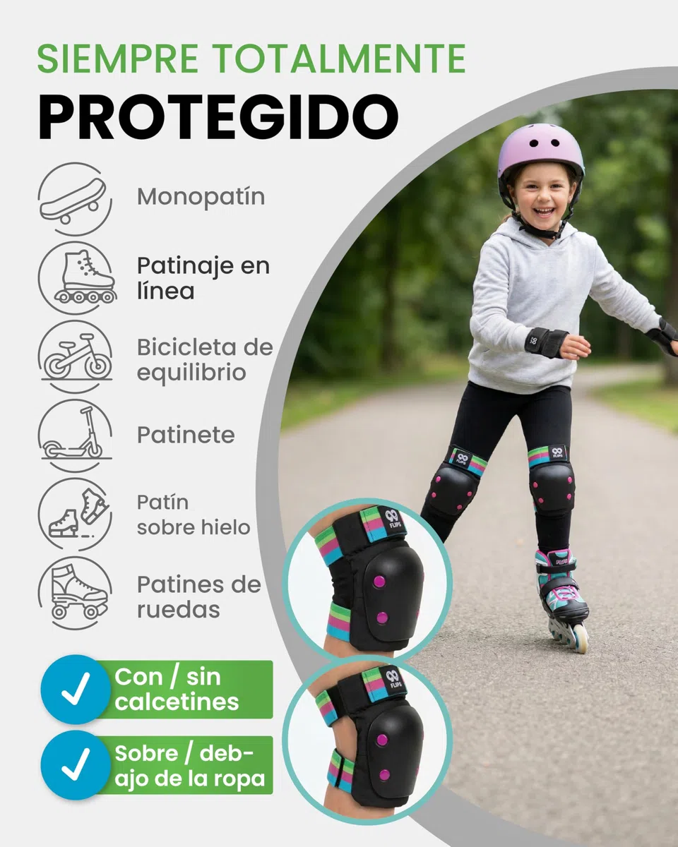 99FLIPS Protecciones Patines Niña - Rodilleras y Coderas Niña, Protectores Niño - Rodilleras Niño - Slide - Talla XS - Negro ARCOÍRIS - Monopatín, Patines en Línea, BMX