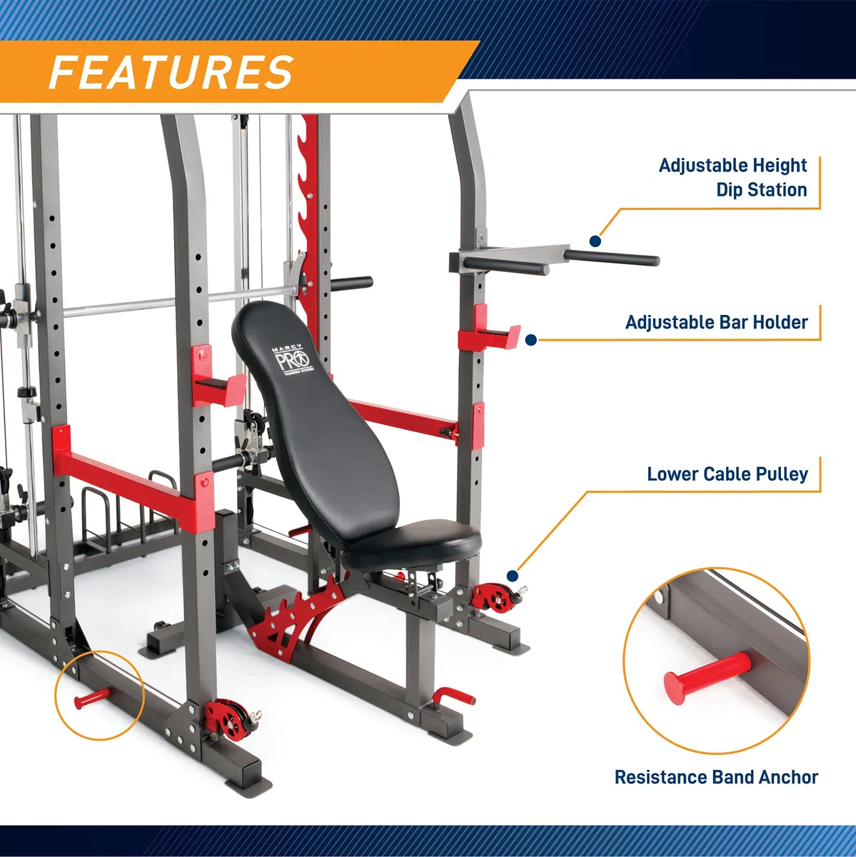 Marcy SM-4903 Smith Machine y Power Rack con Cruce de Poleas y Banco | Carga máxima del banco 272 kg, dimensiones de la jaula 154 x 180 x 218 cm, banco ajustable