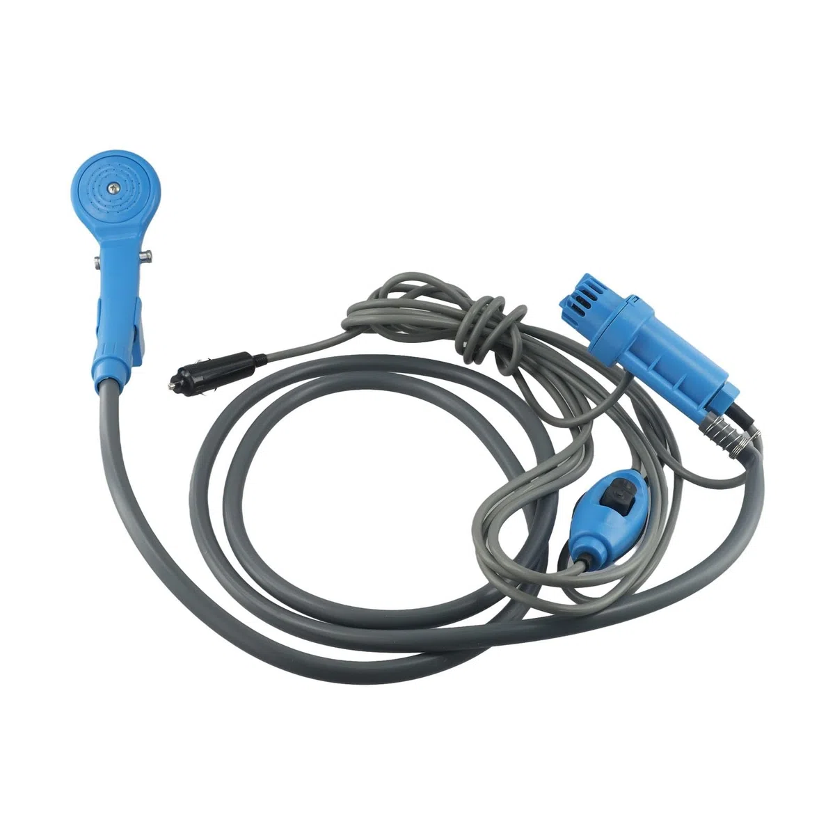 Ducha eléctrica portátil de 12 V CC para camping, senderismo, viajes, con bomba de 2,5 l/min, manguera de 2 m y cable de 4 m, color azul