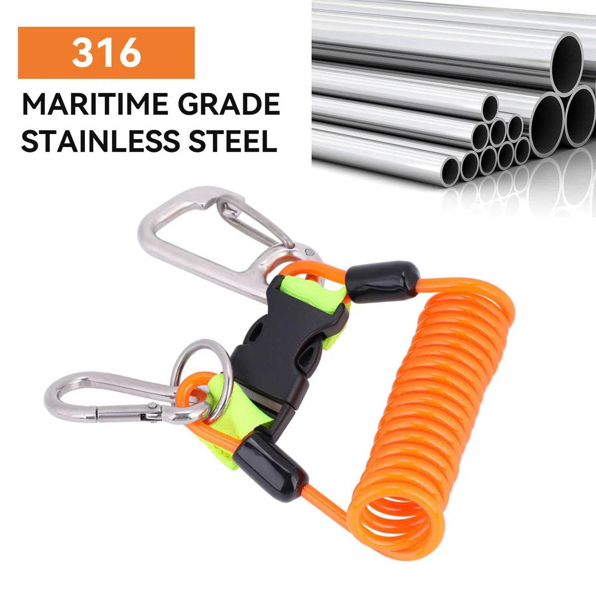 Cordón para buceo, 16,3x7cm/6,4x2,7in cordón cámara buceo de acero inoxidable, enrollado con resorte clip alta resistencia con correa y hebilla de liberación rápida para BCD, cámaras y linternas