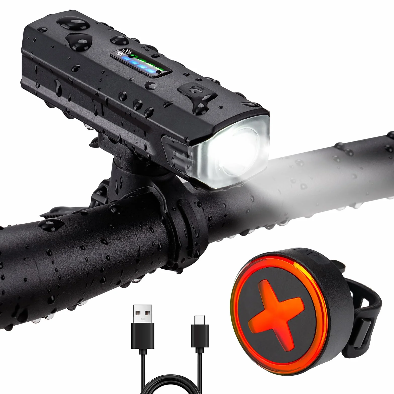 Kit de iluminación de bicicleta Batería USB y duración de iluminación de 8,5 h I Kit de iluminación LED impermeable y recargable I Luz de bicicleta