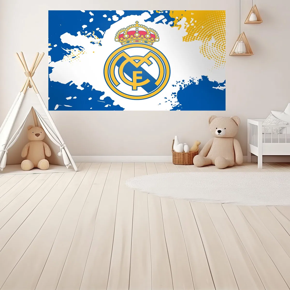 Adhesivo de pared de vinilo del Real Madrid – Grande (120 x 70 cm) – Escudo completo en salpicaduras de color