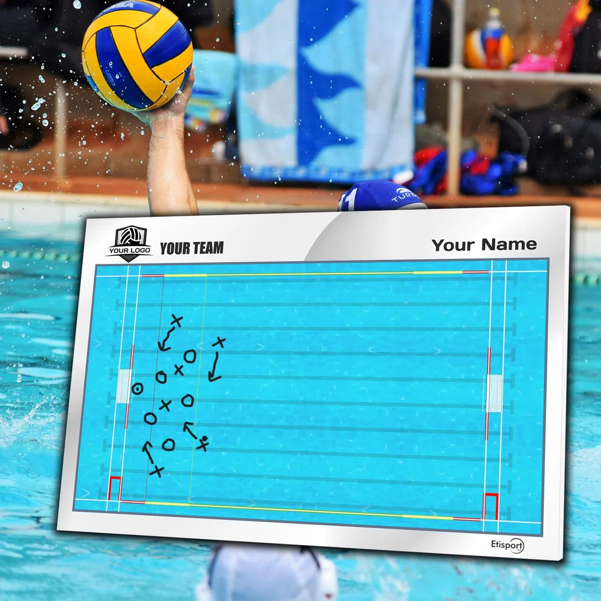 Pizarra táctica Waterpolo para entrenador personalizada con nombre y escudo del club. Tablero de borrado en seco 35 x 24cm