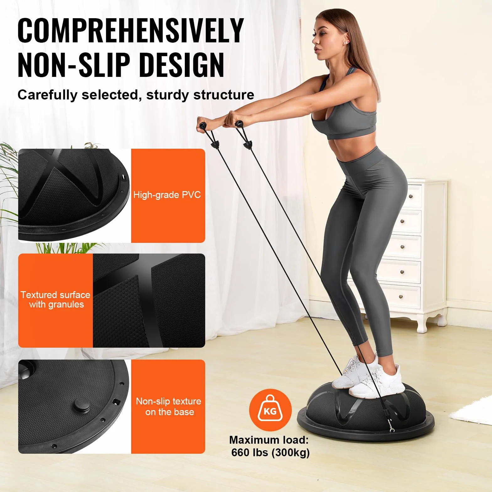 VEVOR Entrenador de Pelota de Ejercicio Medio, Entrenador de Pelota de Equilibrio de 580 x 200 mm de Capacidad de 300 kg con Bandas de Resistencia y Bomba, para Gimnasio en Casa de Cuerpo, Negro