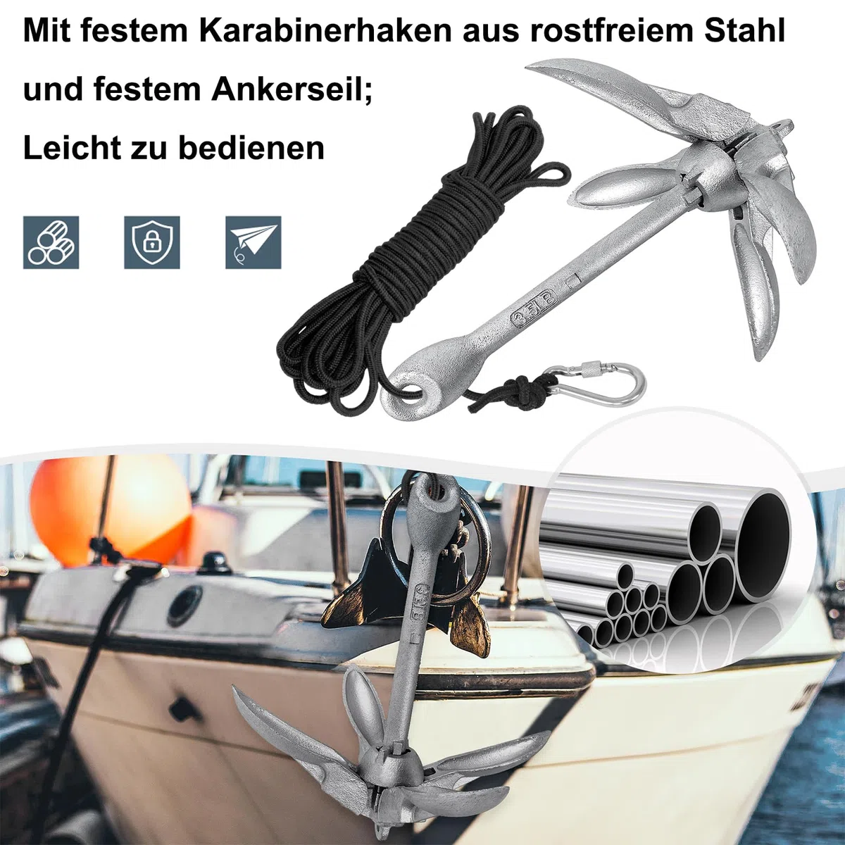 YUENFONG Ancla Plegable, Ancla Plegable con Cuerda de Ancla de 10 m, Juego de Ancla de Hierro galvanizado, Ancla de Cuatro Ganchos, incluida Bolsa Impermeable, para Kayaks, canoas