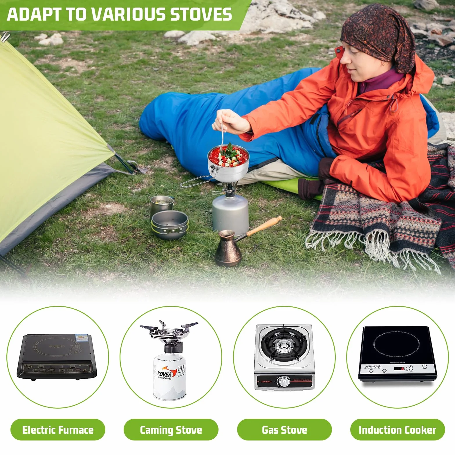 1.5L Olla de Camping Acero Inoxidable, Olla Bento de Gran Capacidad Utensilios de Cocina al Aire Libre con Tapa y Asa Plegable y Bolsa de Almacenamiento