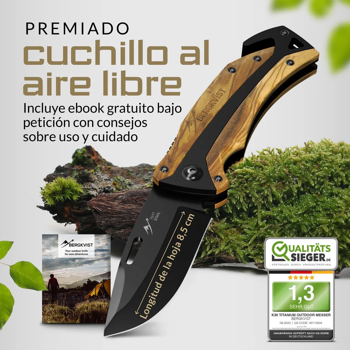 BERGKVIST K30 Cuchillo plegable Tiger [navaja de dos manos] | Navaja de bolsillo 3 en 1 con rompecristales y cortacinturones para exteriores y supervivencia, mango de madera