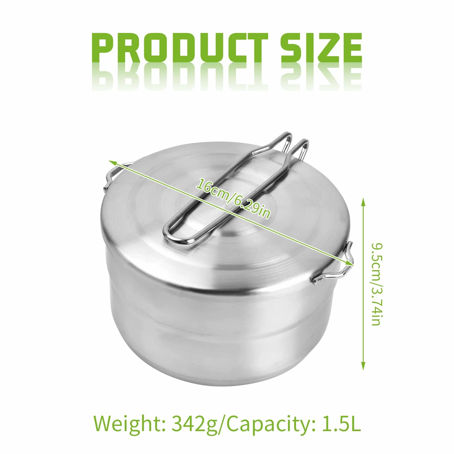 1.5L Olla de Camping Acero Inoxidable, Olla Bento de Gran Capacidad Utensilios de Cocina al Aire Libre con Tapa y Asa Plegable y Bolsa de Almacenamiento