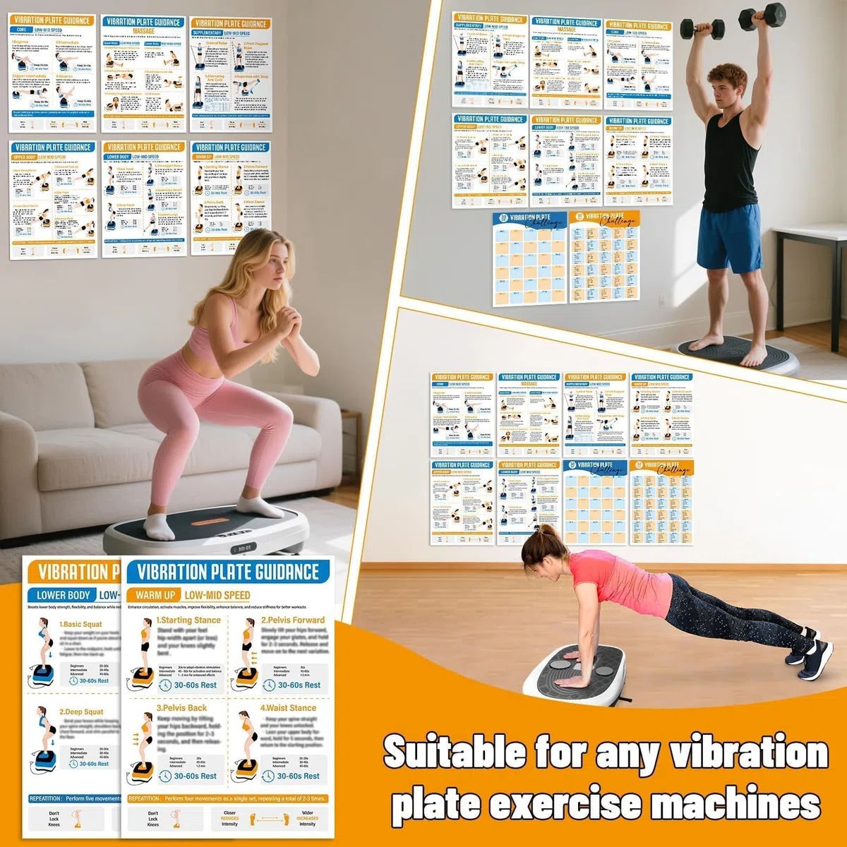 8 placas de vibración, póster de máquina de ejercicio, guía de entrenamiento, 6 plataformas de vibración y 2 planificadores de 30 días, tabla de vibración para todo el cuerpo para gimnasio en casa