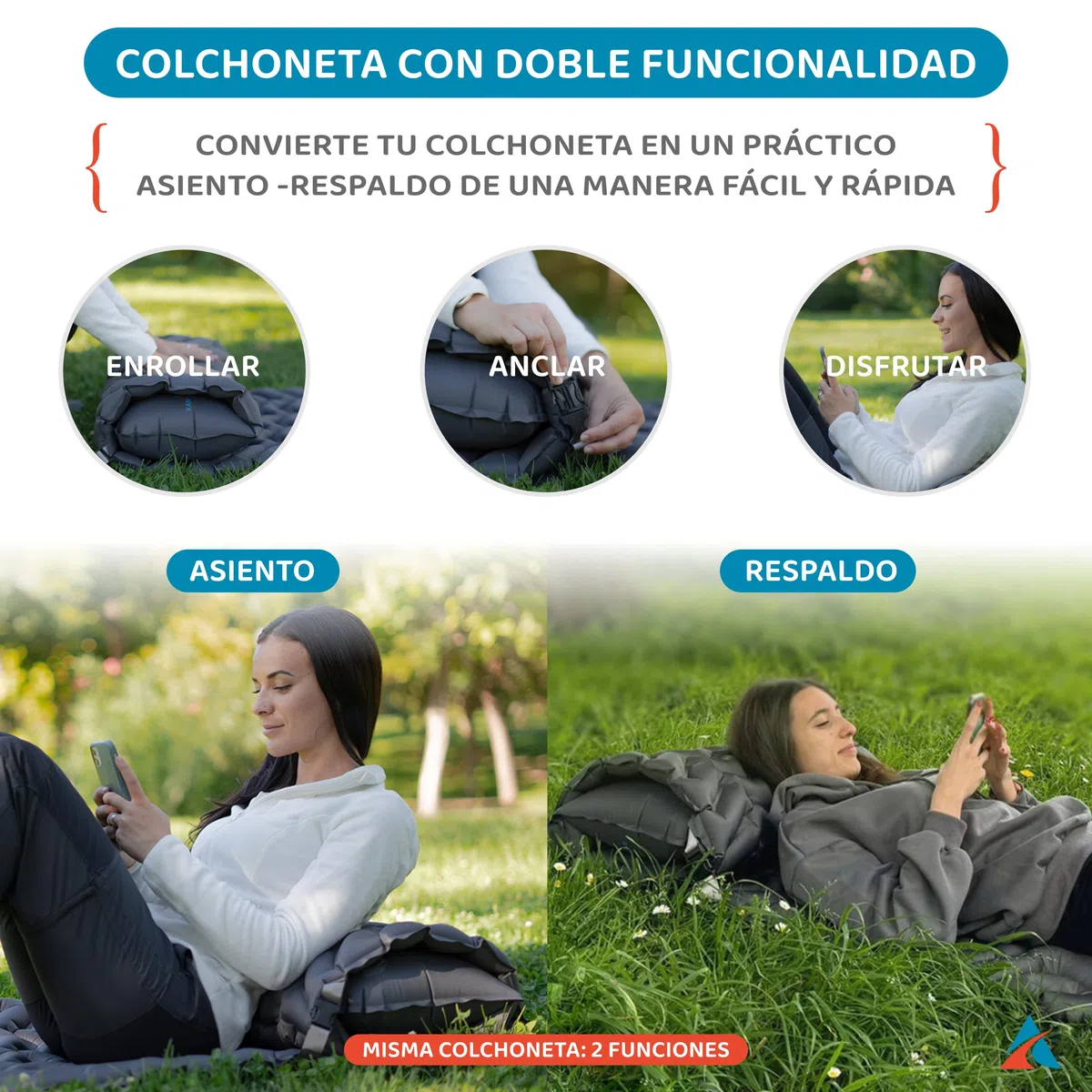 Esterilla Camping Convertible en Asiento - Colchoneta Autoinflable con Almohada - Colchoneta para Dormir