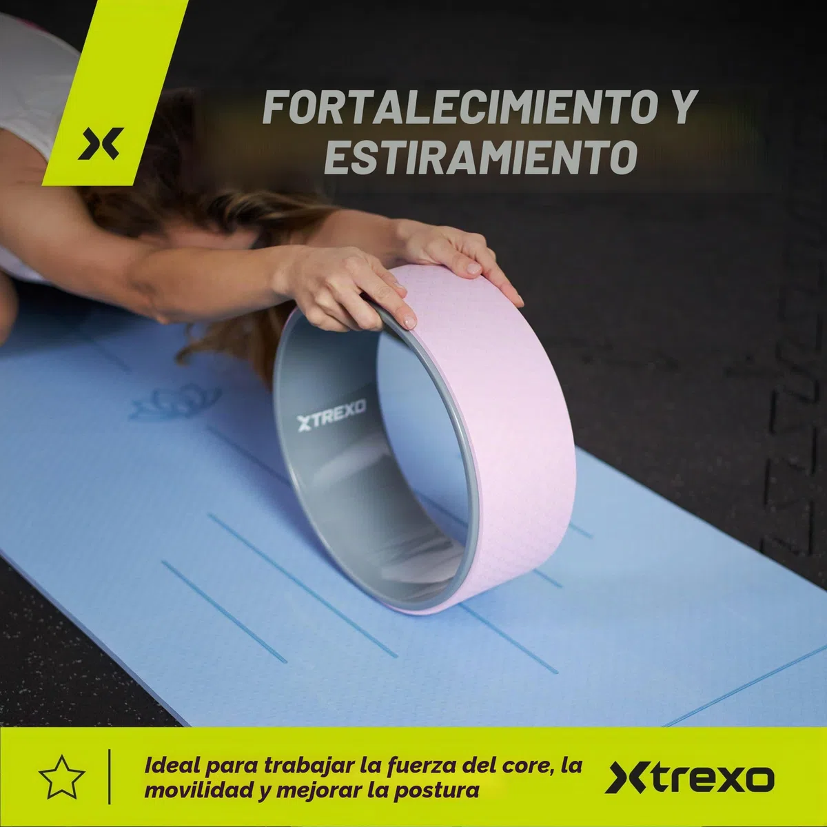 TREXO Rueda de yoga respetuosa con el medio ambiente en color lila con un diámetro de 32 cm y una anchura de 13 cm. Fabricada en TPE y polipropileno. Superficie antideslizante ideal para cualquier