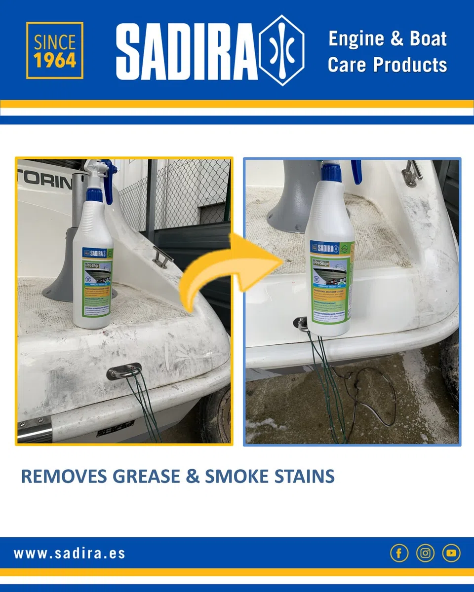 Sadira | ProShip Limpiador Desengrasante 1L Spray. Multiusos para Barco. Elimina Manchas de Aceite, Grasa y carbonilla. Apto en Todas Las Superficies: Fibra, neumáticas, Madera y Aluminio