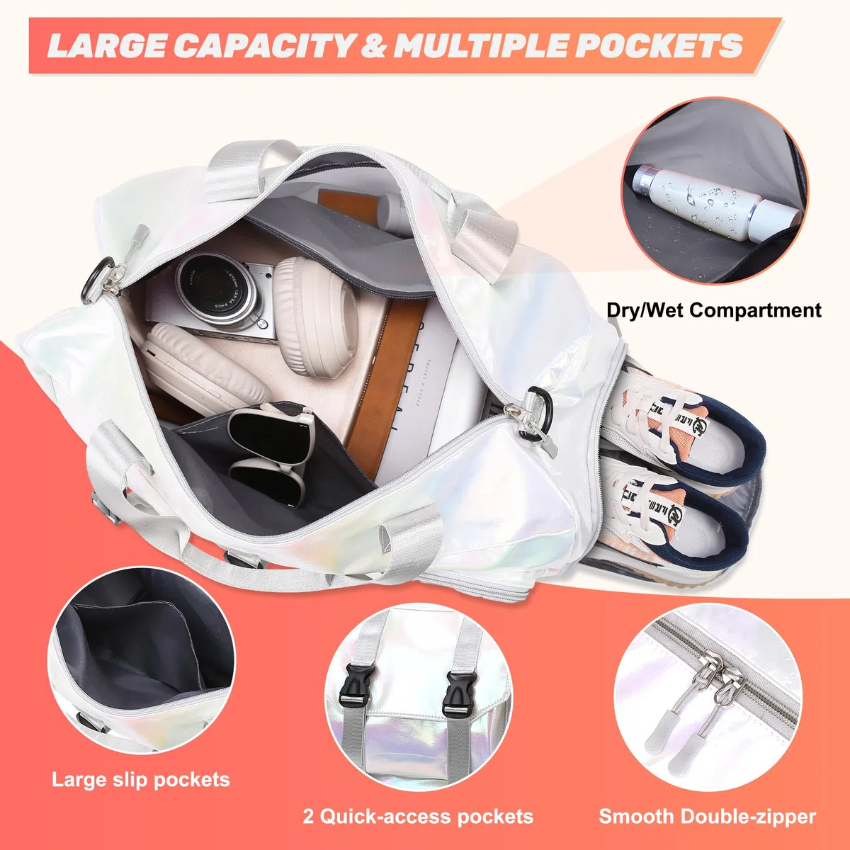 Bolsa Deporte Mujer Grande Bolsa de Viaje con Compartimento Zapatos y Bolsillo Húmedo Bolso Gimnasio Impermeable Bolsa Fin de Semana Ligera Bolsa Natacion 24L para Yoga Gym Piscina, Blanco