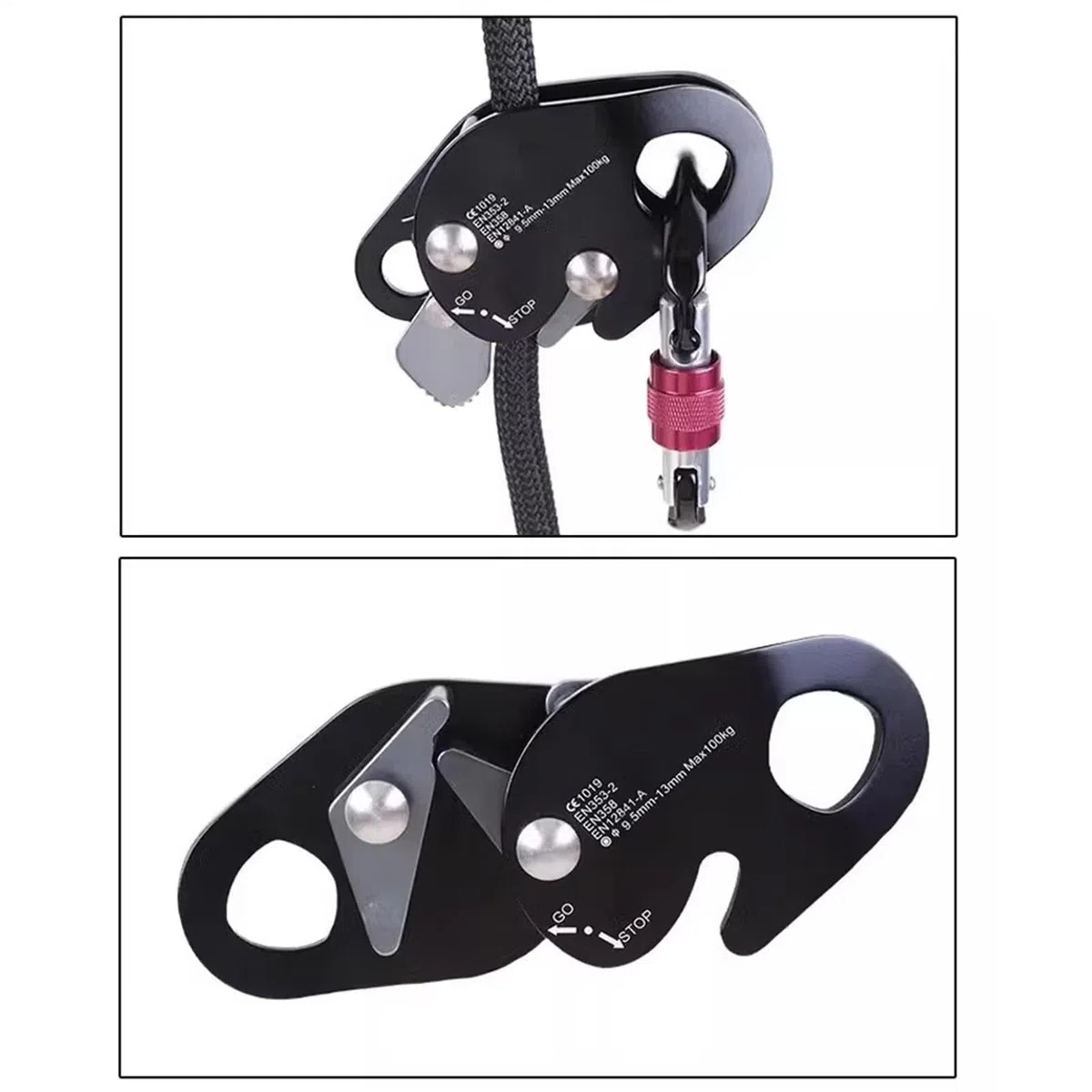 Seguridad con cuerdas – rescate en montaña | Abrazadera de cuerda de aluminio - dispositivo anticaídas que se puede abrir para escalada, protección contra caídas, cuidado de árboles, trabajos en altur
