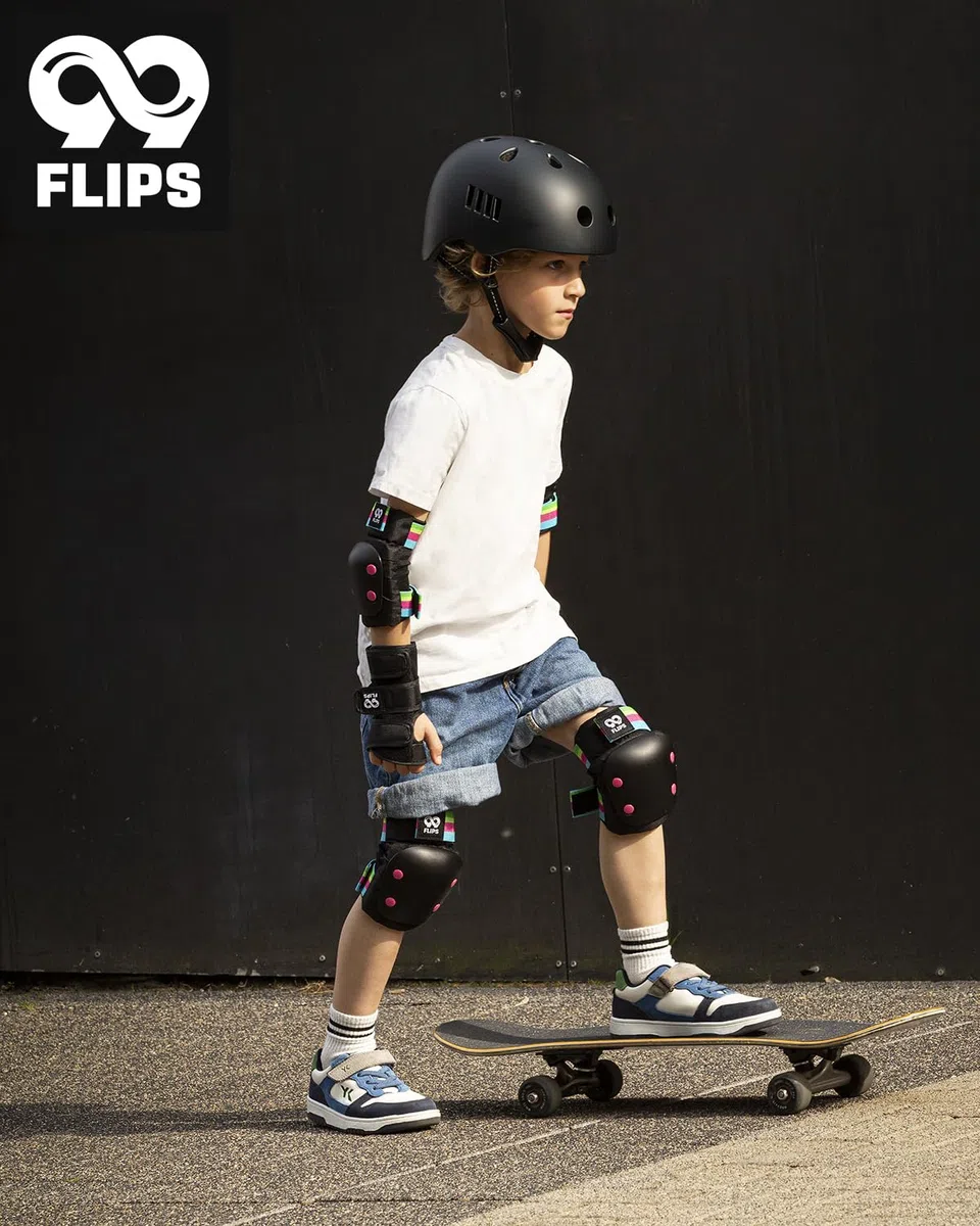 99FLIPS Protecciones Patines Niña - Rodilleras y Coderas Niña, Protectores Niño - Rodilleras Niño - Slide - Talla XS - Negro ARCOÍRIS - Monopatín, Patines en Línea, BMX