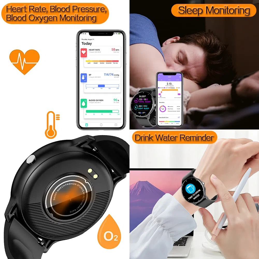 0,8cm Ultrafino Reloj Inteligente Rastreador Fitness Podómetro con Funciones Monitoreo de Frecuencia Cardíaca, Presión Arterial, Oxígeno en Sangre y Sueño, Notificación Inserción Mensaje Soporte