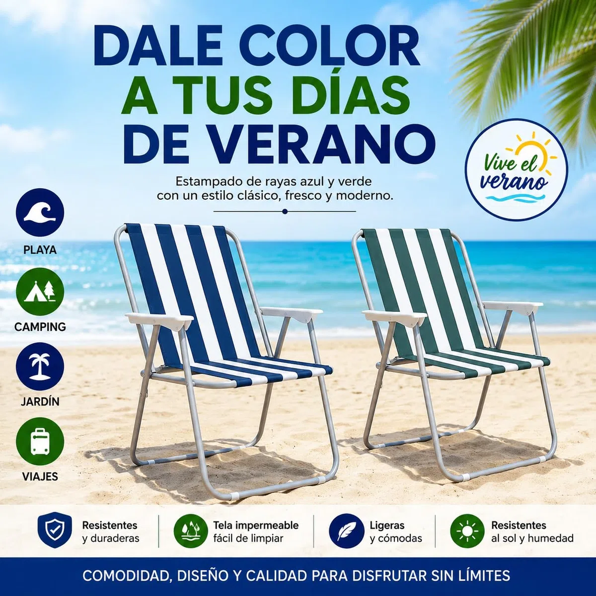 TIENDA EURASIA - Pack 2 Silla Playa o Camping Plegable | Estructura de Acero Gris | Tela de Loneta Impermeable | Ligera | Estampado Rayas Azul y Verde | Medidas 75 x 53 x 43 cm