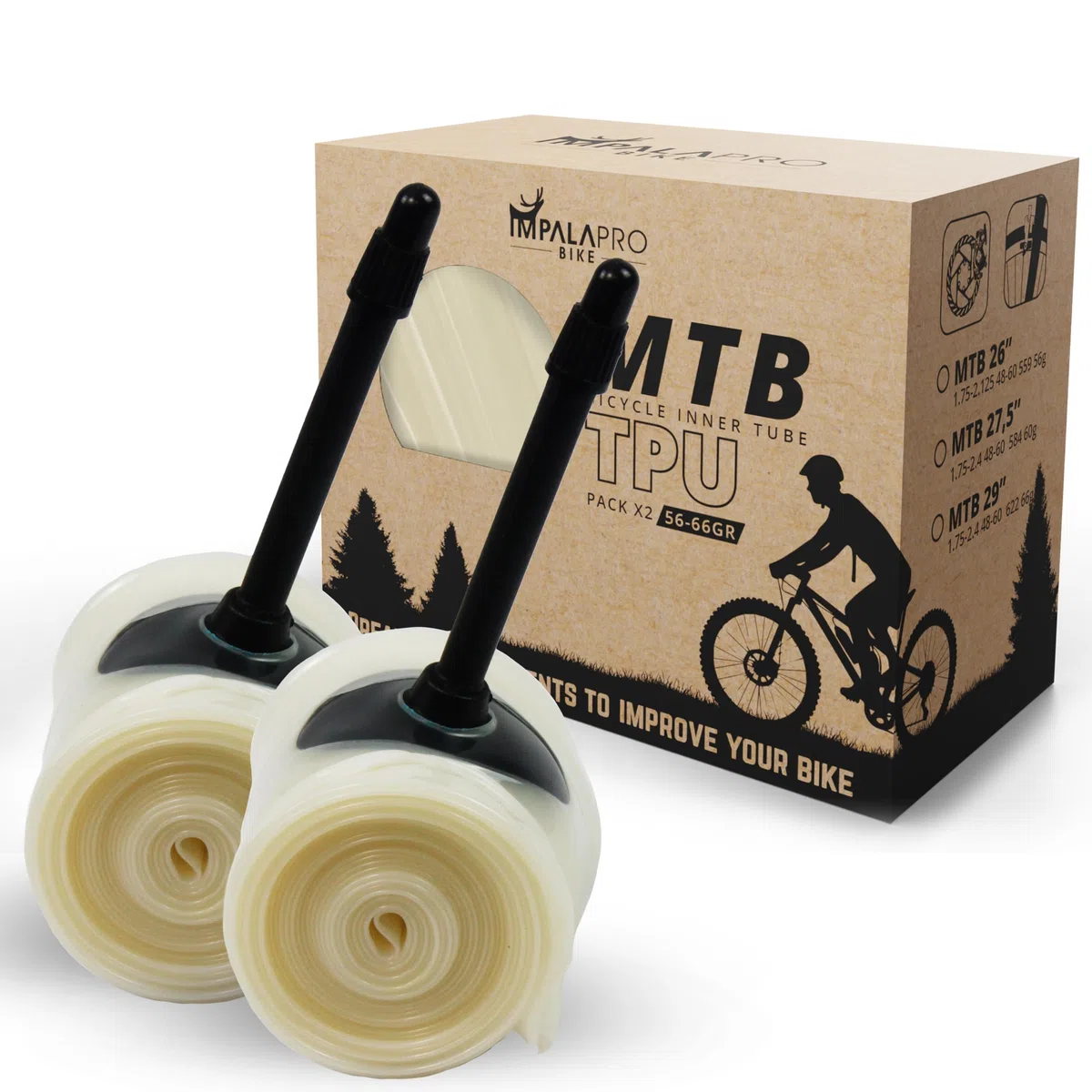 IMPALAPRO - Camara Bicicleta MTB de TPU Ultraligera (56-66gr) para Rueda de 26'', 27,5'' y 29'' x1.75-2.4 Válvula Presta 45 mm - Camara Bicicleta 29 MTB - Camara 27.5 MTB - Camara 26 MTB