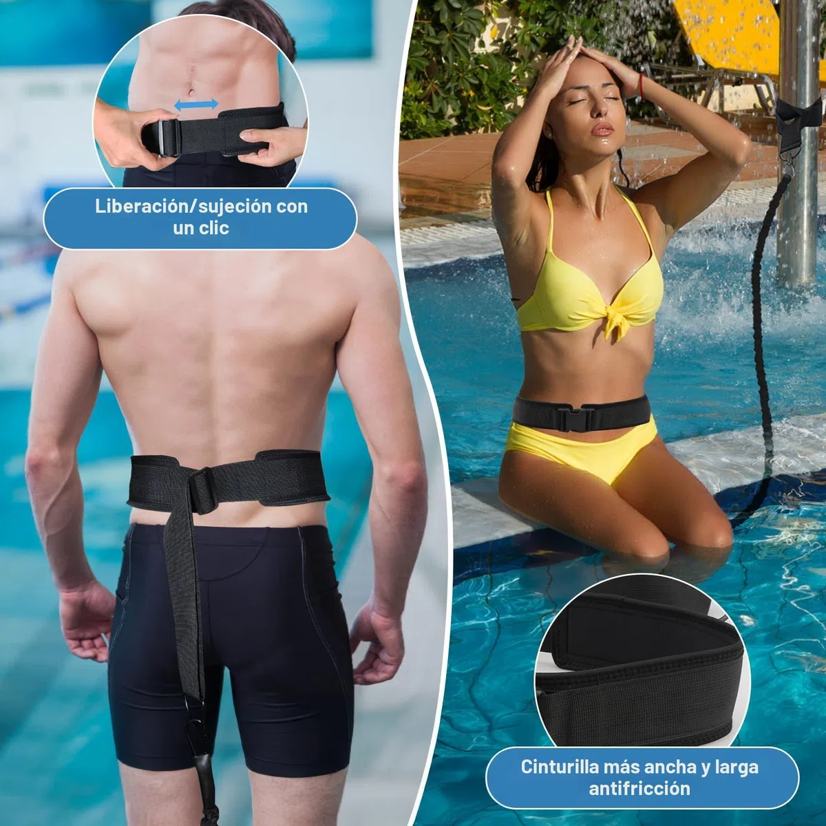 Cinturón de natación premium para adultos, para piscina, cinturón de natación de 3,5 a 8,5 m con bandas elásticas, ayuda de natación para adultos, adecuado para principiantes y profesionales, para