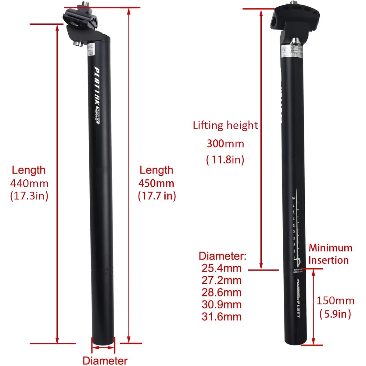 PLATTBK Tija MTB 440MM Tija Sillin Bicicleta Montaña 25.4/27.2/28.6/30.9/31.6 Seatpost para BMX