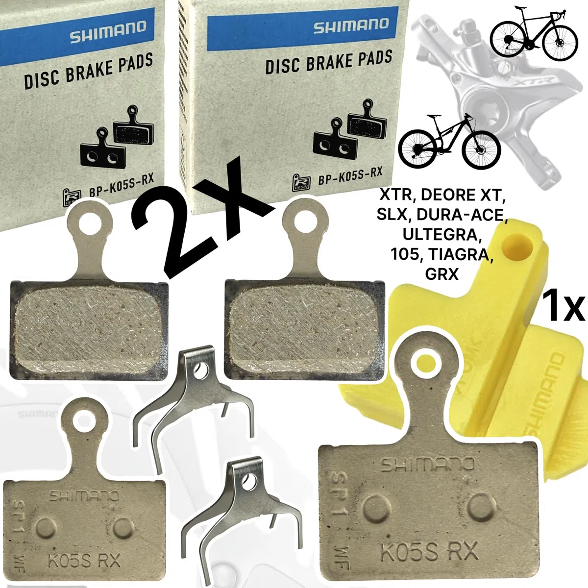 F26 BP-K05S-RX - Pastillas de freno de disco compatibles con Shimano (K03S) para bicicleta MTB Ebike XT SLX XTR Road Gravel 105 Ultegra Dura Ace GRX Disc 2 pares + Bleedblock