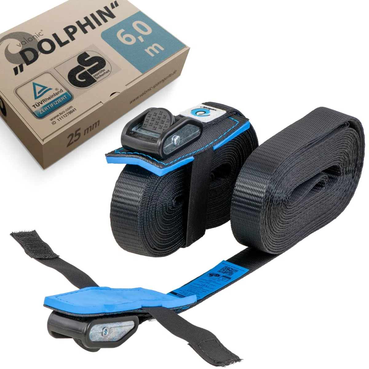 valonic Dolphin - 2X 6m cincha de Amarre con Cierre de apriete, 25mm, 500 Kg, Acolchada, Certificado TÜV Rheinl. / GS, EN-12195-2 - Negro, Correa de Amarre para Tabla de Paddle Surf o Kayak
